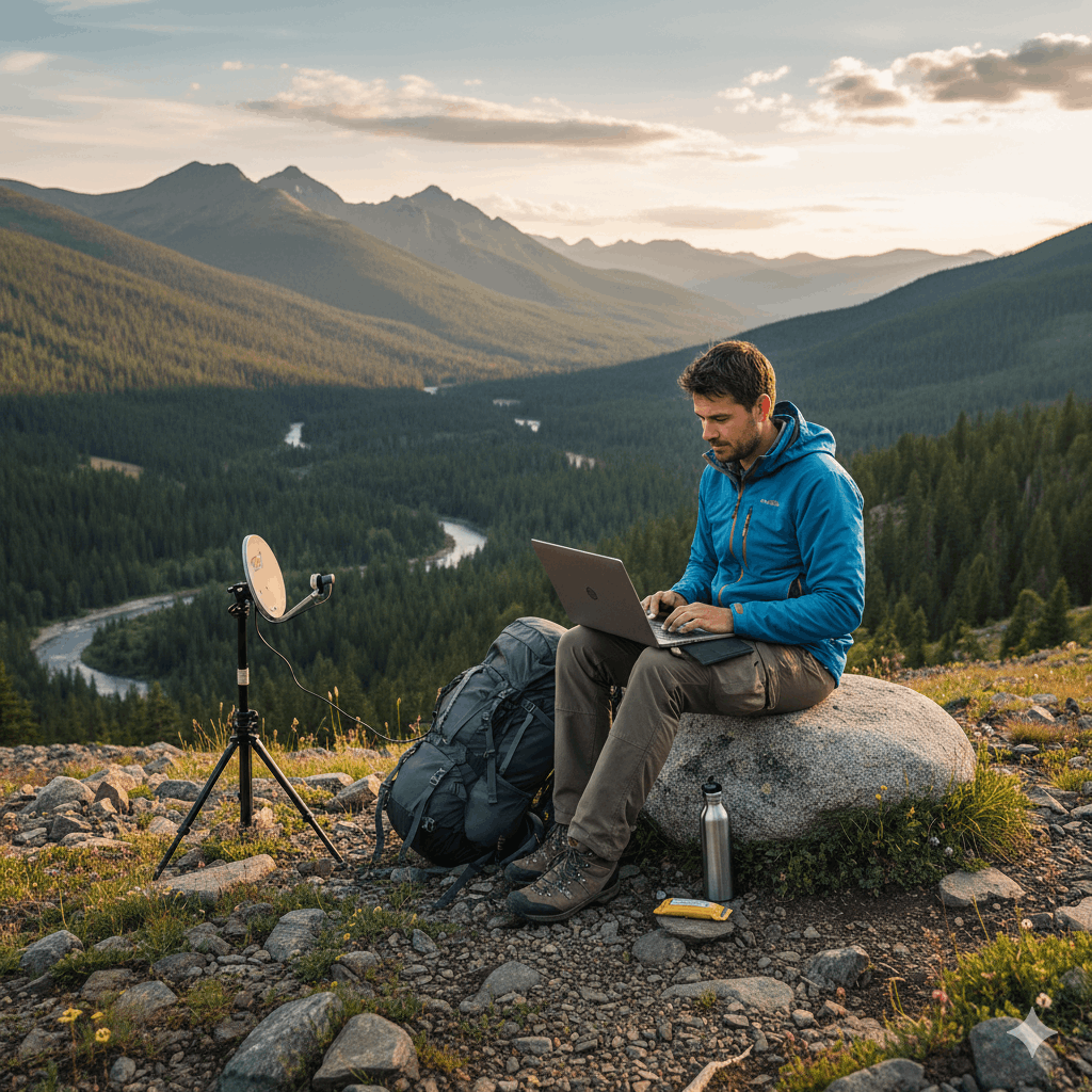 Wanderer macht Pause und surft am Laptop Wie unterstützt VPS-Hosting moderne Wanderplattformen