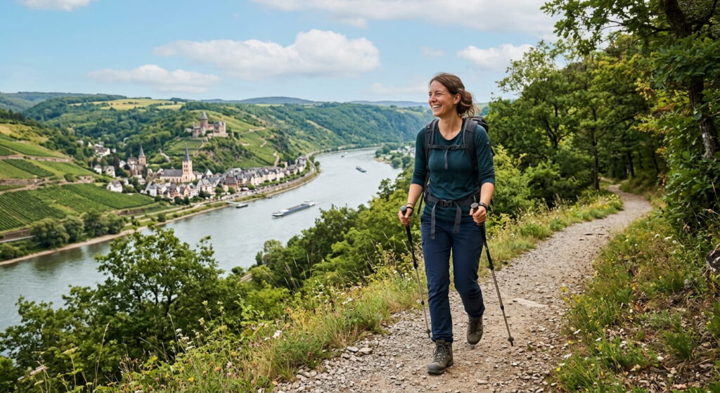 Frau wandert am Rhein entlang rheinhoehenweg.de Sidebar